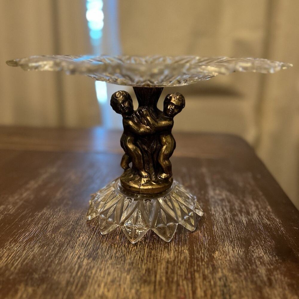 Vintage 13” Pressed Glass Cherub Pedestal Compote Fruit Bowl Hollywood Regency